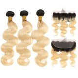 Ombre 1B/613 Blonde Body Wave 13x4 Lace Frontal with 3 PCS Top Quality Bundles