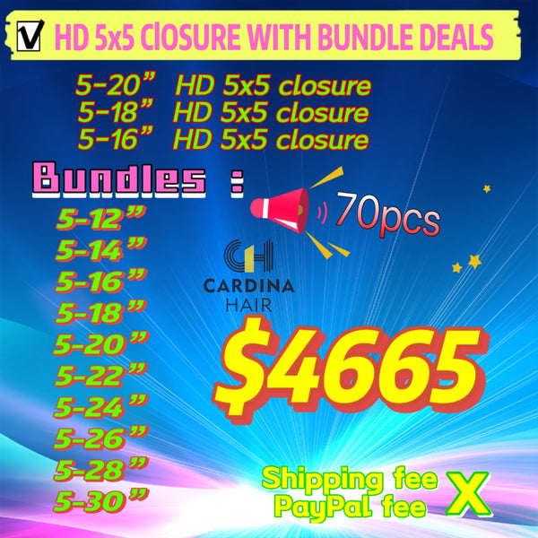 70  PCS BUNDLES AND  5*5 HD LACE CLOSURE DEALS