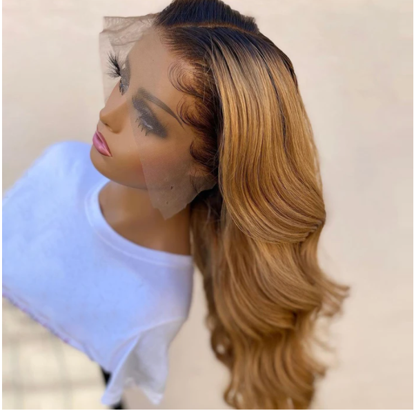 Kash Doll Style Black Roots Honey Brown Ombre Loose Wave Lace Frontal Wig