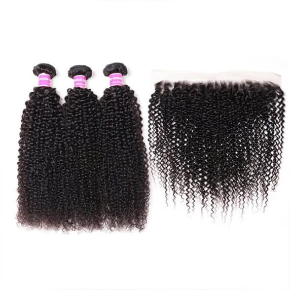 High Quality 13x4 Ear to Ear Kinky Curly Lace Frontal with 3 PCS Brazilian Bundles