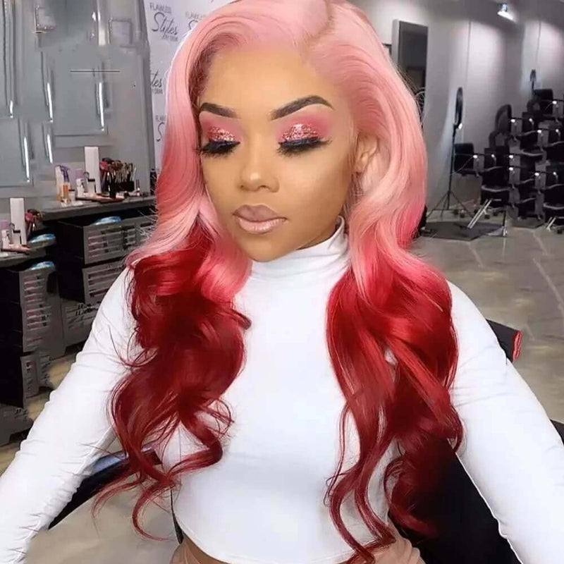 Ombre Pink&Red Body Wave Transparent Lace Front Wigs 12A Virgin Human Hair