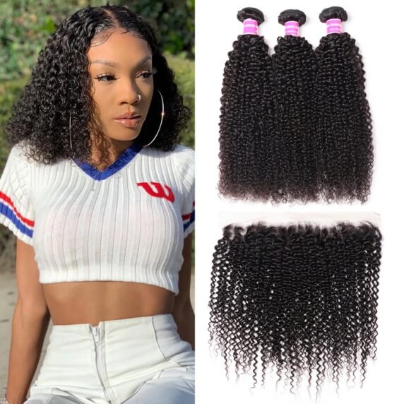 High Quality 13x4 Ear to Ear Kinky Curly Lace Frontal with 3 PCS Brazilian Bundles