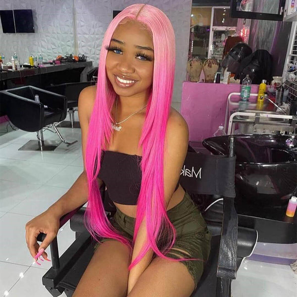 Ombre Pink Straight Transparent Lace Front Wigs 12A Virgin Human Hair