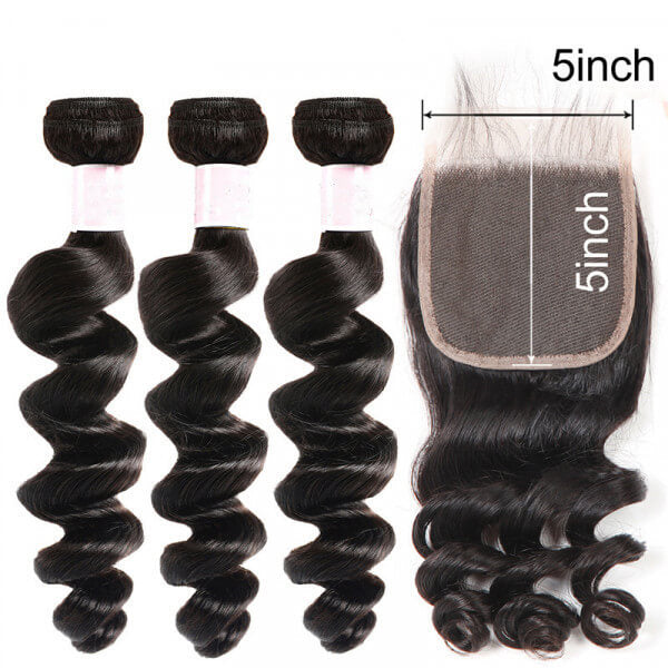 Brazilian Remy Hair Loose Wave 5x5 Closure with 3 PCS Top Quality Bundles
