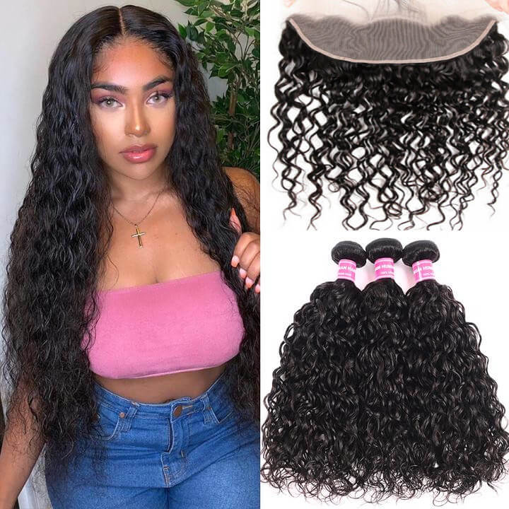 Water Wave 3pcs Bundles with 13x4 Frontal Remy Human Hair Weave with Frontal