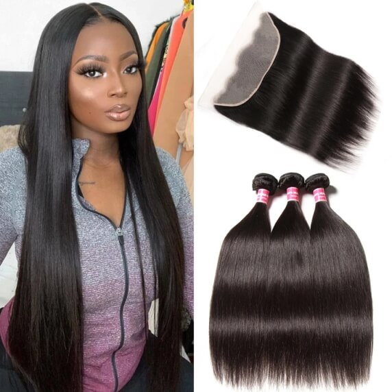 Straight 3pcs Bundles with 13x4 Frontal Remy Human Hair Weave with Frontal