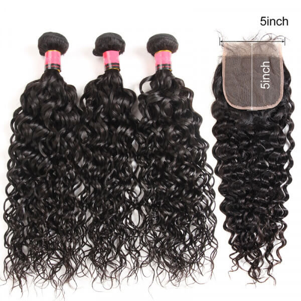 Water Wave Brazilian Remy Hair 5x5 Closure with 3 PCS Top Quality Bundles