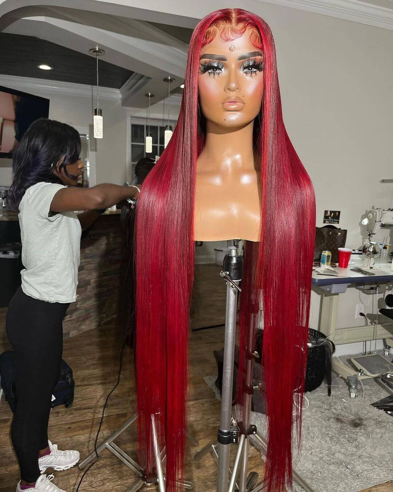 Long Straight Red Lace Front Wigs 12A Virgin Human Hair Burgundy Wigs