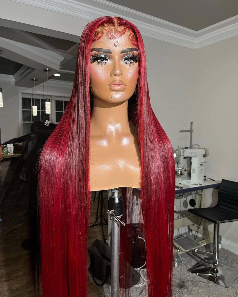 Long Straight Red Lace Front Wigs 12A Virgin Human Hair Burgundy Wigs