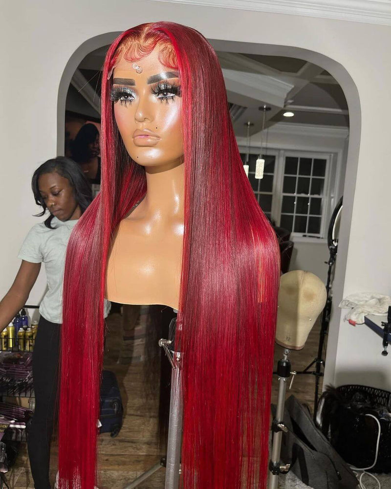 Long Straight Red Lace Front Wigs 12A Virgin Human Hair Burgundy Wigs