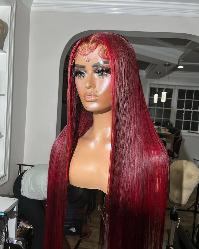 Long Straight Red Lace Front Wigs 12A Virgin Human Hair Burgundy Wigs
